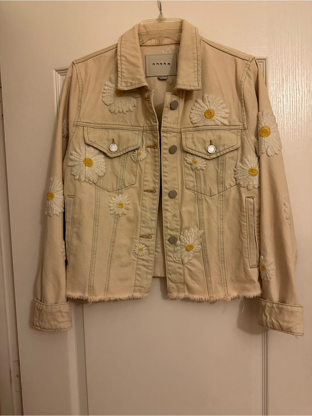 Blank NYC Cream Daisy Embroidered Denim Jacket